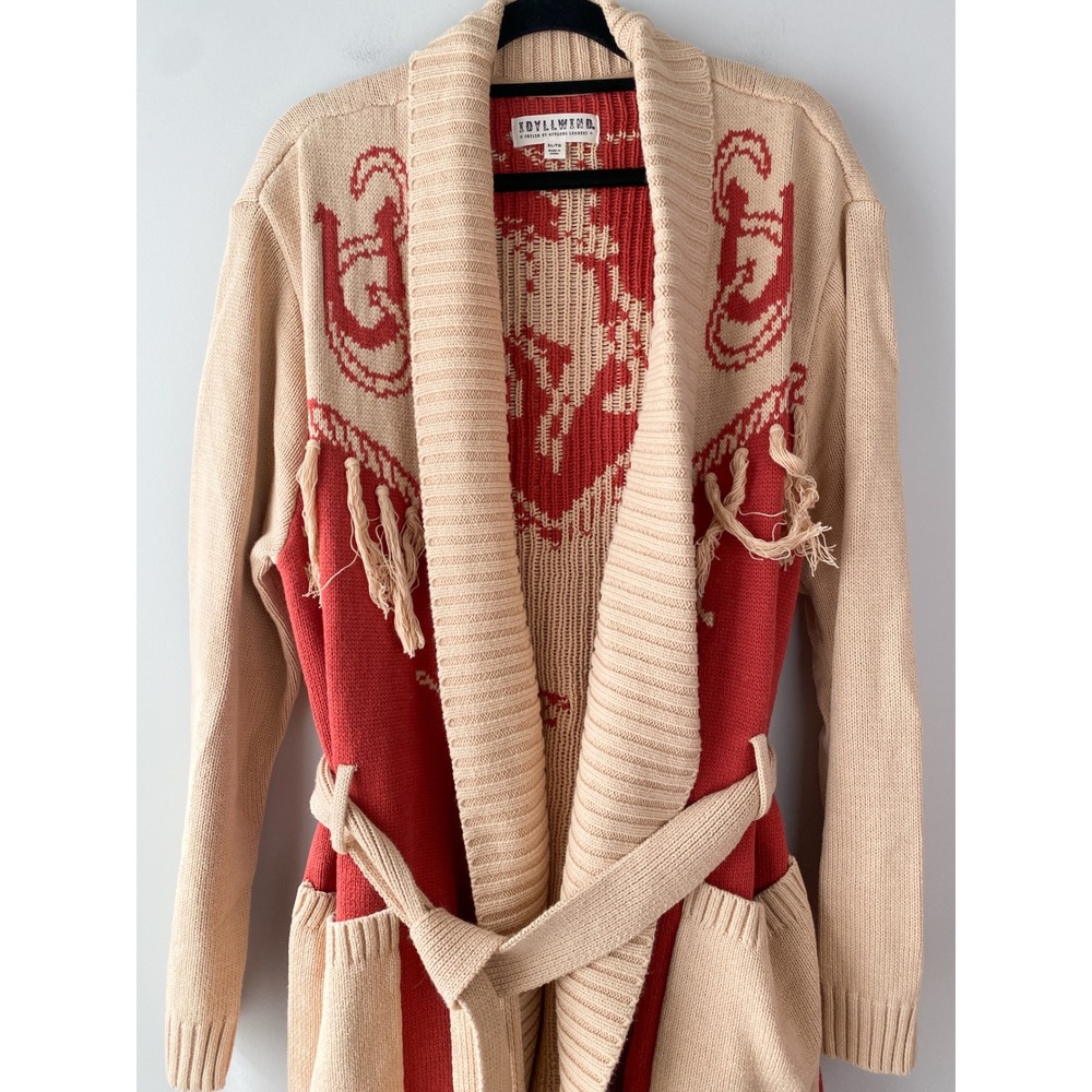 Idyllwind Womens Cardigan XL Tan Red Western Bronco Fringe Cowgirl Belted Boho - Picture 3 of 11